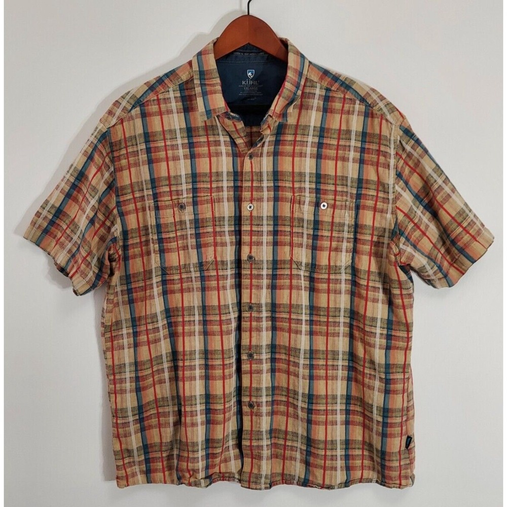 Kuhl Karib Men's SS Brown Plaid Button Up Shirt Linen/Cotton Blend Size 2XL